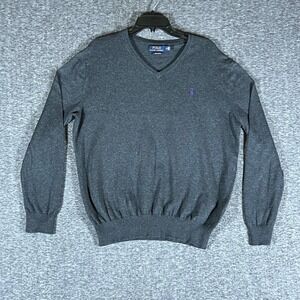 Polo Ralph Lauren Mens V Neck Sweater Dark Gray Pima Cotton Long Sleeve M